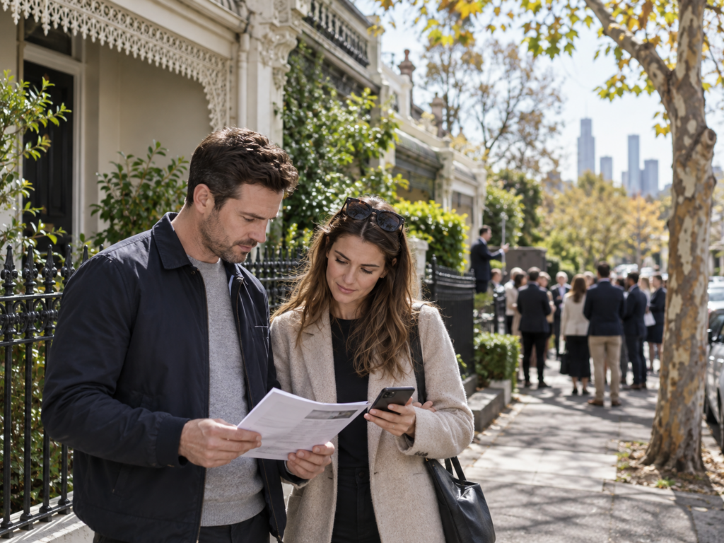 Melbourne home buyers outside a terrace house reviewing auction finance before bidding