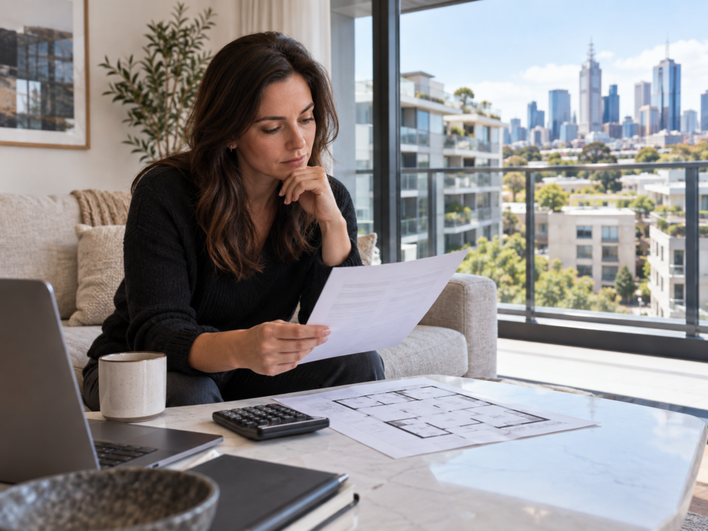 Melbourne apartment buyer reviewing a floor plan and lender valuation budget