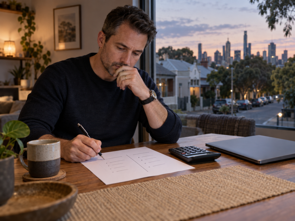 Melbourne homeowner calculating refinance costs and possible savings at home