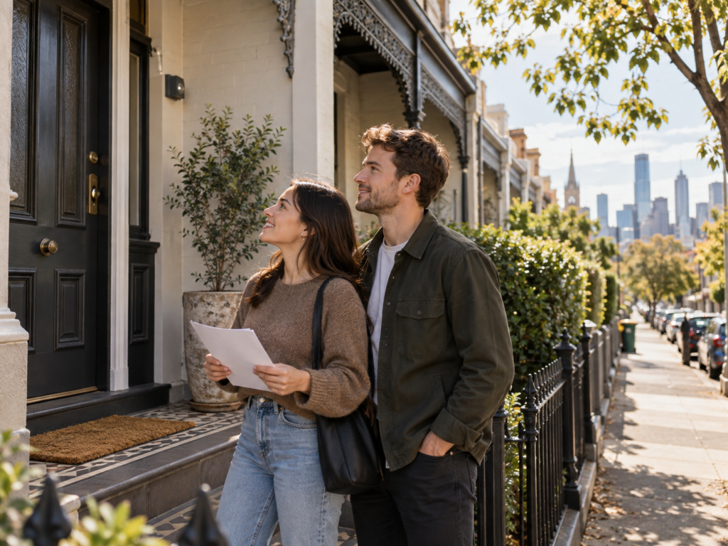 First home buyers outside a Melbourne townhouse reviewing their purchase budget